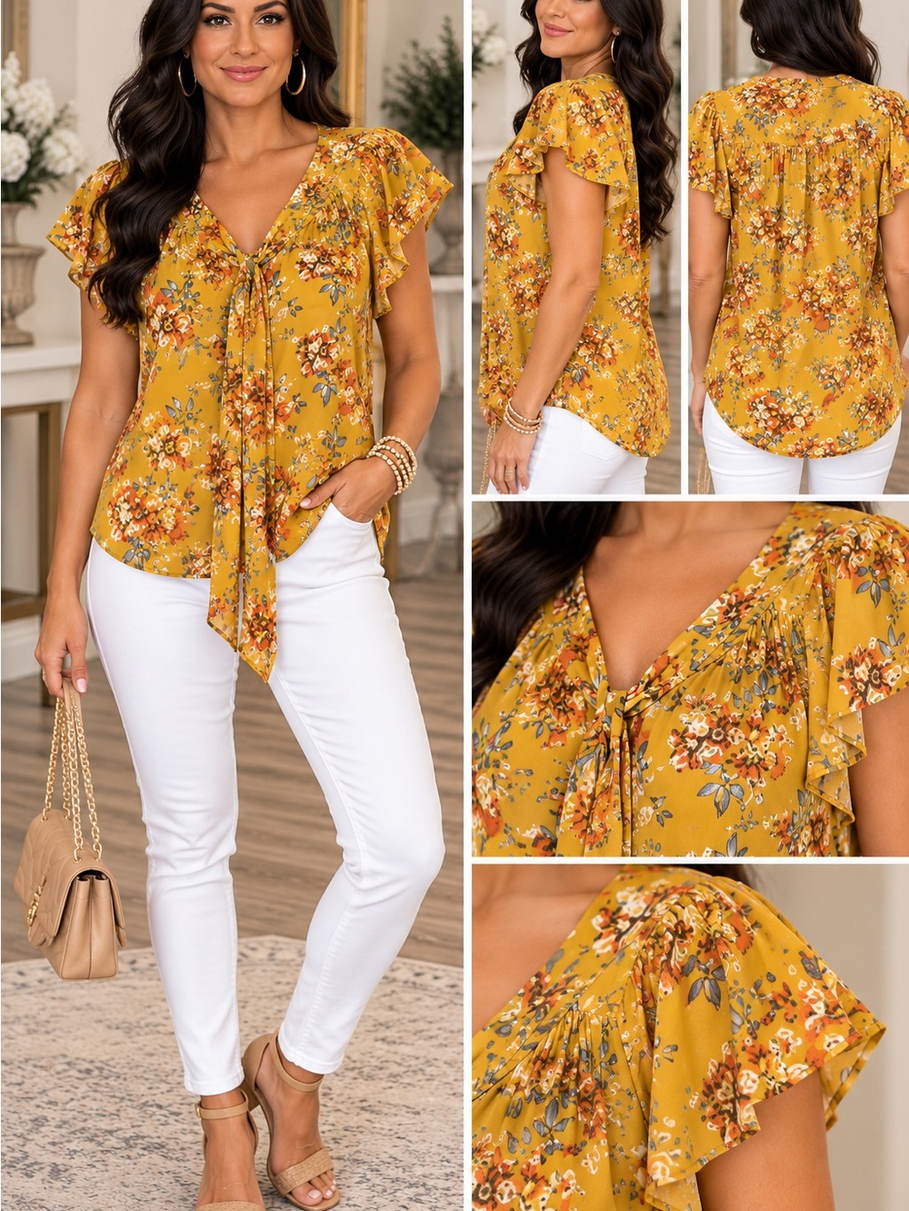 Mustard Floral Tie-Front Blouse